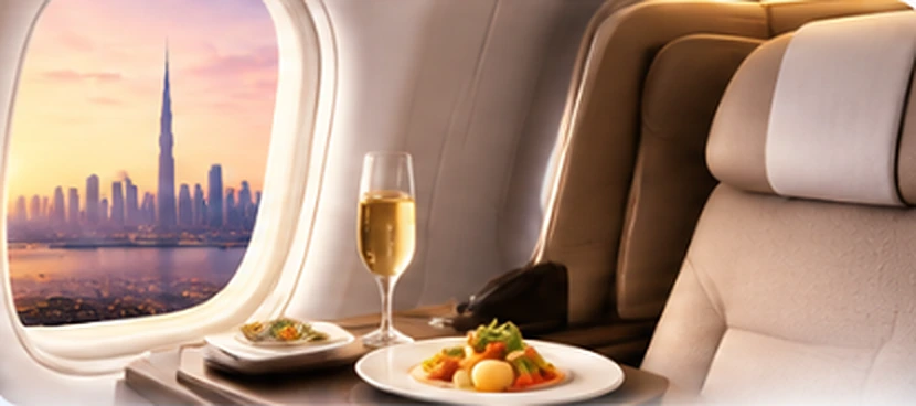 Inside a business-class cabin: a window with a soft city view, a glass of champagne and a meal